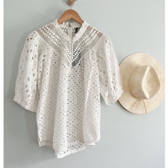 ALLSAINTS | NWT | Tila Puff Sleeve Cotton Eyelet Top | Chalk White | Sz 8 - Picture 2 of 13